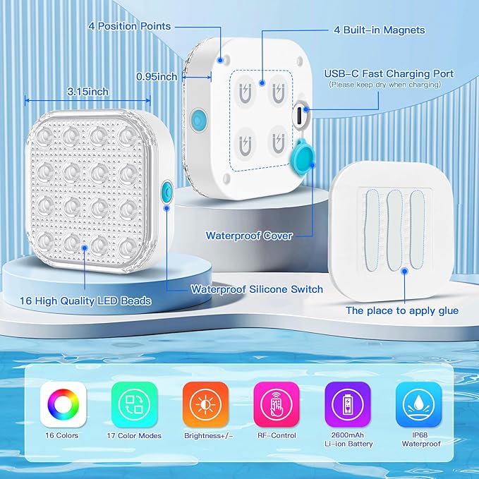 Submersible LED Lights with Remote, Waterproof Underwater LED Light Rechargeable Bettery 16 Color Changing Lamp Magnetic Floating Submersible Lights for Pool Vase Aquarium Decor (Ultra-Thin 4-Set)