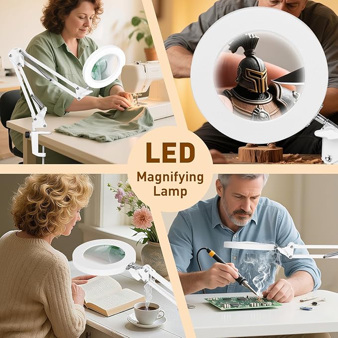 KIRKAS 10X LED Magnifying Lamp with Clamp Real Glass Lens, 3 Color Modes and Stepless Dimmable Magnifier Desk Lamp,Adjustable Swivel Arm Lighted Magnifying Glass for Repair Craft Close Work-White
