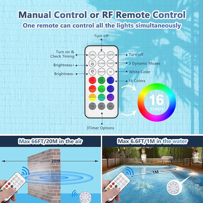 Pool Lights for Above Ground Inground Pool, Underwater Rechargeable Submersible LED Lights with Remote, IP68 Waterproof, Pool Light for Hot Tub, Shower, Vase, Fountain, Aquarium, Bath, Party, 2 Pack