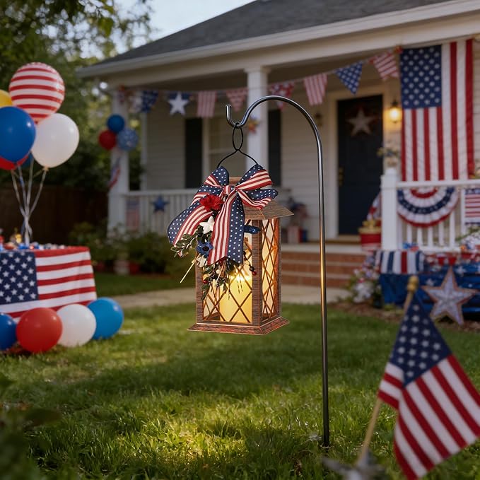 4th of July Solar Lanterns Outdoor Waterproof, Patriotic Hanging Lantern with Flickering LED Candle, 13" Independence Day Lanterns Decorations for Patio Porch Garden Yard Pathway, 1 Pack