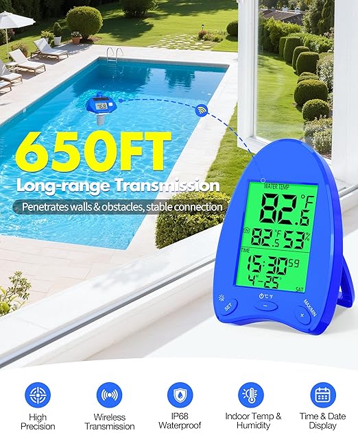 2026 Solar Wireless Pool Thermometer, 650FT Transmission | Extra-Large Backlit Digital Display - Easy Read at Night | IP68 Waterproof Floating Pool Temperature Thermometer for Hot Tub, Spa