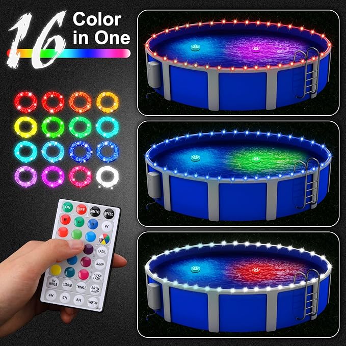 Pool LED Lights for Above Ground Pools 39.4ft Waterproof Remote Control Submersible LED Rim Lights with 2 Submersible Outdoor Rope Color Changing for Frame Pool Accessories, Trampoline Decor