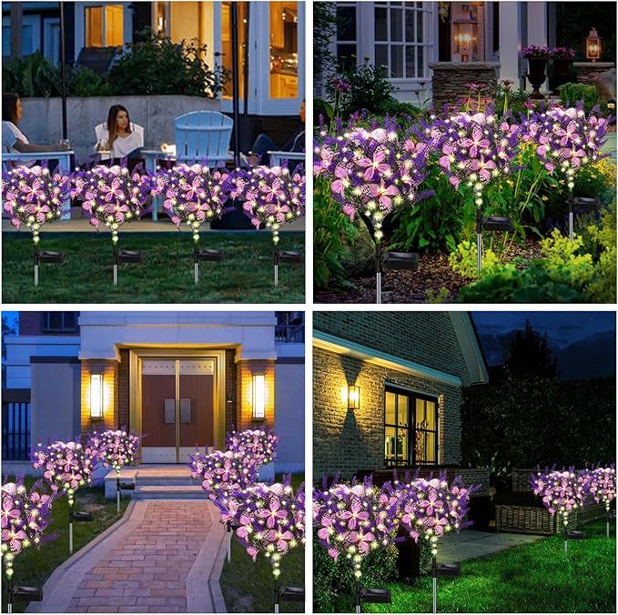 Solar Garden Lights Outdoor, 4 Pack Purple Lavender Solar Butterfly Lights Gardening Gifts for Women, Artificial Flower with Butterfly Purple Garden Decor for Lawn Patio-Warm White