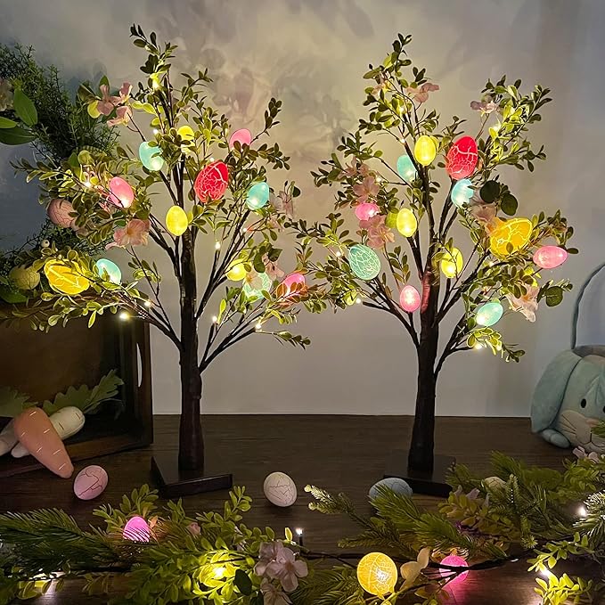 DR.DUDU Easter Decor Set of 2 Lighted 24 Inch Artificial Tree with Easter Eggs & Colorful LED Lights, Light Up Tabletop Bonsai Tree for Table Home Holiday Spring Decor