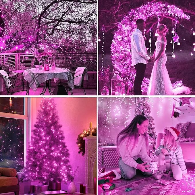 LAMPHOME 33ft Valentine Lights String, 100 LED Green Wire Pink Fairy Starry String Lights Plug in,11 Lighting Modes for Valentines Day Tree Decorations Wedding Party Decoration (Pink)