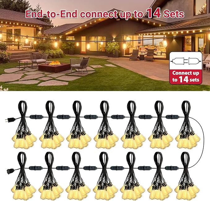 LAMPHOME LED Outdoor String Lights 100FT Patio Lights with 52 Shatterproof ST38 Vintage Edison Bulbs, Outside Hanging Light Waterproof for Porch, Deck, Garden, Backyard, Dimmable 2700K
