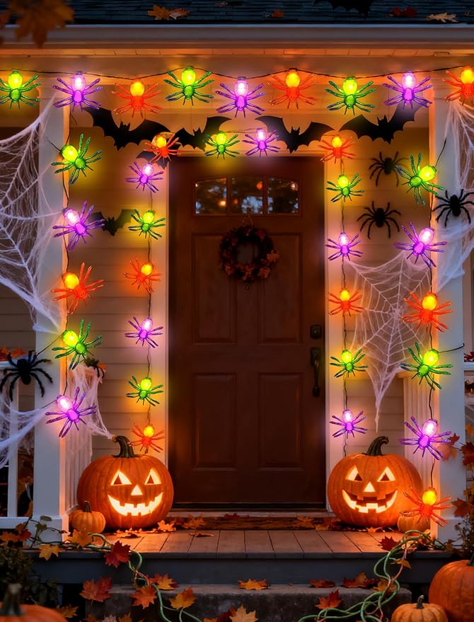 Halloween Spider String Lights Outdoor, 8.5FT Hanging Halloween String Lights with 10 LED Multicolor Spider Lights UL Listed for Outdoor Party Stair Bar House Garden Yard Decorations- Black Wire