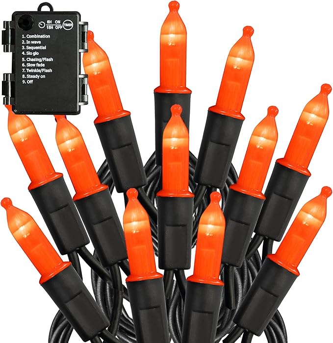 TW SHINE Battery Operated Halloween Lights, 50 LED 16FT Orange Halloween Lights Outdoor, Waterproof Mini String Tree Lights with 8 Modes, Halloween Decorations for Indoor Patio Garden Party Decor