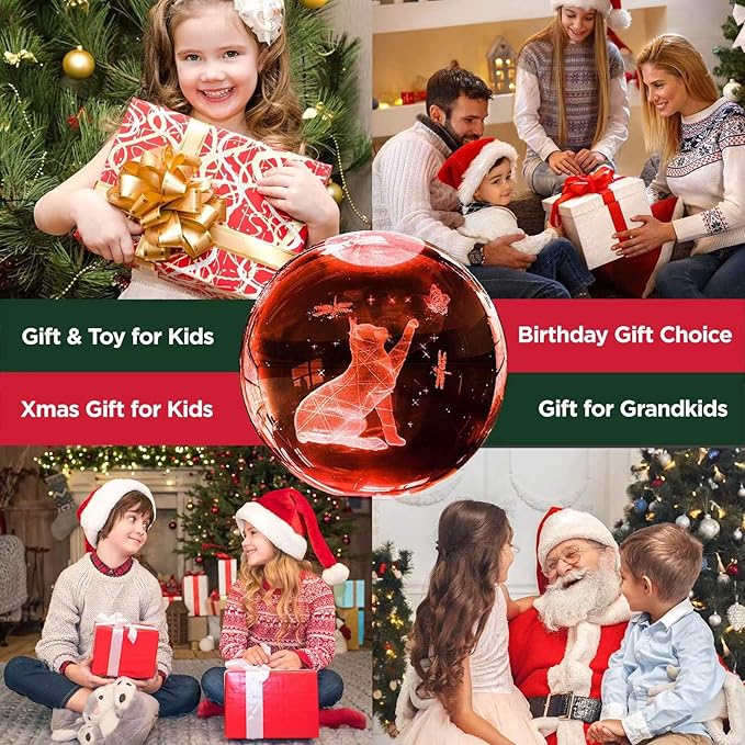 3D Cat Crystal Ball Night Light Cat Lover Gifts for Women 3.15 Inch Figurines Decor Lamp with 16 Color Wooden LED Base and Remote, Birthday Christmas Gifts for Boys Girls Kids