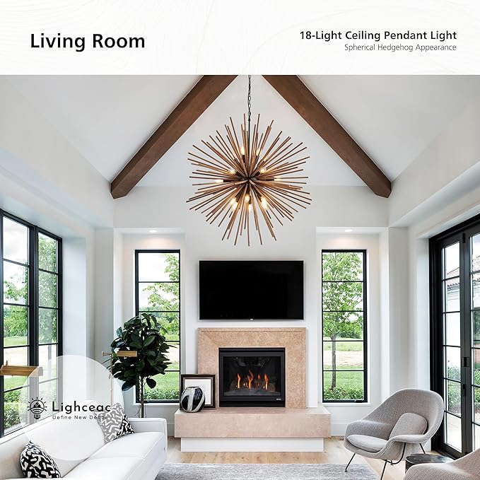 37.4" Farmhouse Sputnik Chandelier for Dining Room Rustic Handmade Natural Wood 18-Light Hanging Ceiling Pendant Light Fixture Starburst Wood Chandeliers for Kitchen Bedroom Foyer Hallway