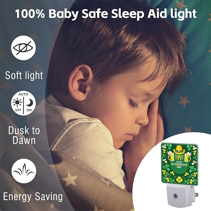 Happy St. Patrick's Day Night Light for Kids,Green Shamrock Leprechaun and Rainbow Night Light Plug in with Dusk to Dawn Sensor, 0.5w Energy Saving Sleep Friendly Nightlight for Kitchen Bedroom
