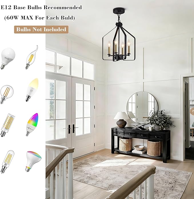 4-Light Black and Glod Chandelier, Geometric Farmhouse Cage Pendant Light, Adjustable Industrial Rustic Fixture for Dining Room, Kitchen Island, Entryway & Bedroom