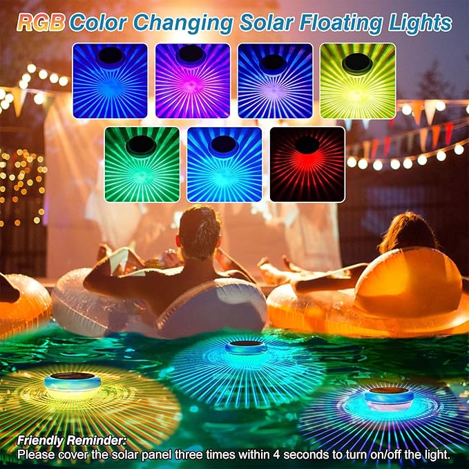 2Pcs Solar Floating Pool Lights, RGB Color Changing Pool Floating Light, IP65 Waterproof Rechargeable LED Lights for Pools, Hot Tubs, Fountain