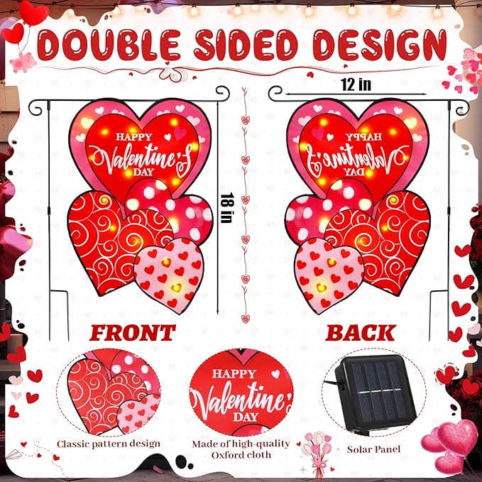 VIHOSE Valentine Garden Flag, 12 x 18 Inch Double Sided Solar Powered LED Heart Flag with Lighting 8 Modes Happy Valentine Red Love Heart Yard Flags Outdoor Banner for Valentine's Day Decorations