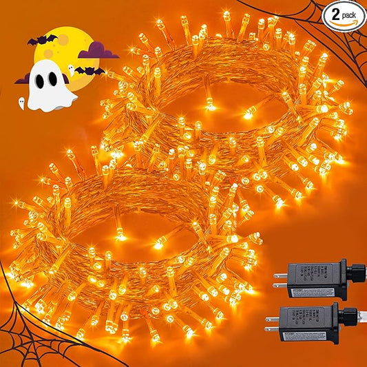 JMEXSUSS 2 Pack 100 LED Orange Halloween Lights Outdoor, 33ft Connectable Orange String Lights for Halloween Indoor with 8 Modes, Clear Wire Fall Lights Plug in for Thanksgiving Christmas Decorations