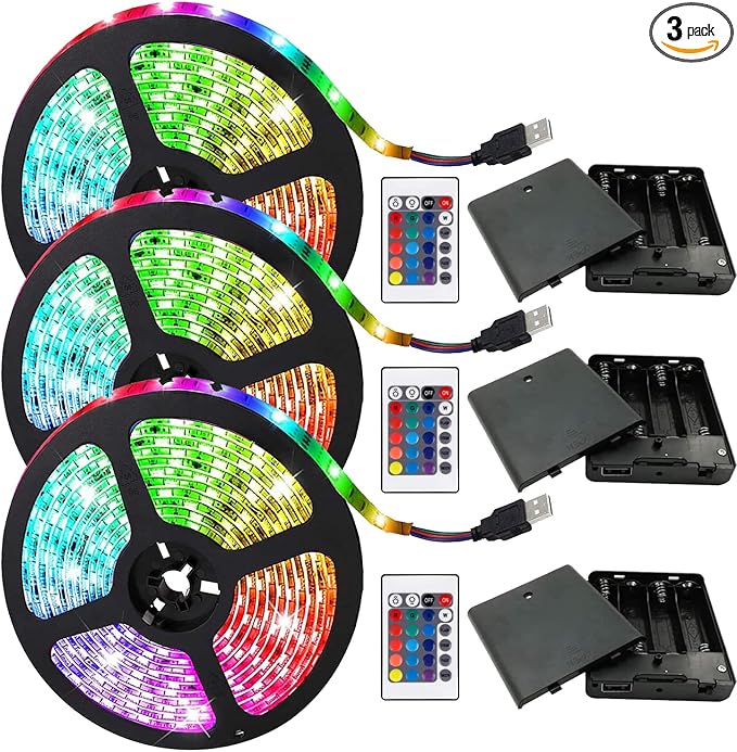 Three Sets Battery Powered Led Strip Lights, 5050 2M/6.6FT, Flexible Color Changing RGB LED Light Strip, 60 LEDs 5V Battery-Powered with Controller. (3)