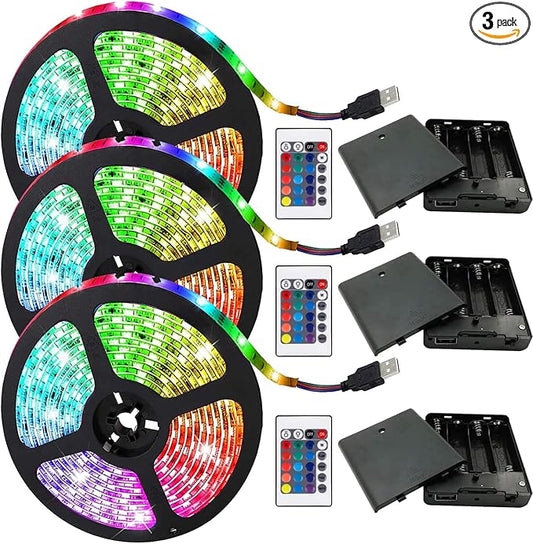 Three Sets Battery Powered Led Strip Lights, 5050 2M/6.6FT, Flexible Color Changing RGB LED Light Strip, 60 LEDs 5V Battery-Powered with Controller. (3)