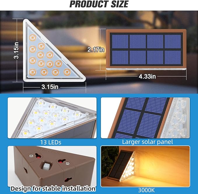 NIORSUN Outdoor Stair Lights 12 Pack, Solar Step Lights IP67 Waterproof with 13 Bright LEDs, 3000K Warm White, Auto On/Off, Triangular Design for Steps, Deck, Patio, Yard, Porch, Sidewalk