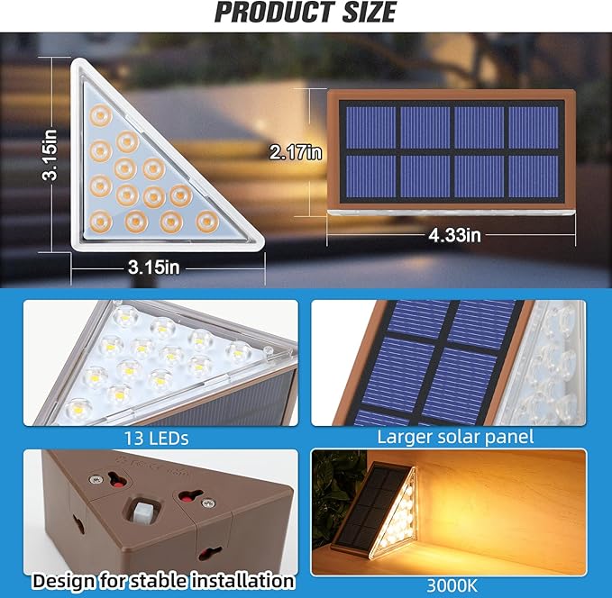 NIORSUN Outdoor Stair Lights 6 Pack, Solar Step Lights IP67 Waterproof with 13 Bright LEDs, 3000K Warm White, Auto On/Off, Triangular Design for Steps, Deck, Patio, Yard, Porch, Sidewalk