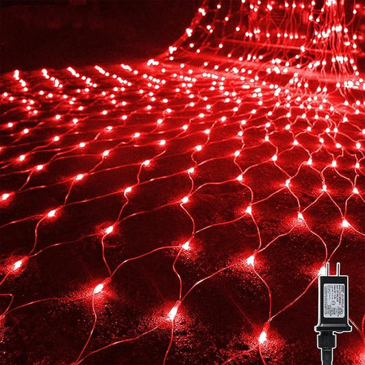 WATERGLIDE Outdoor Christmas Net Lights, 12FT x 5FT 360 LED Mesh String Light with 8 Lighting Mode, Connectable Waterproof Lights for Garden Tree Bushes, Valentines Wedding Party Decorations, Red