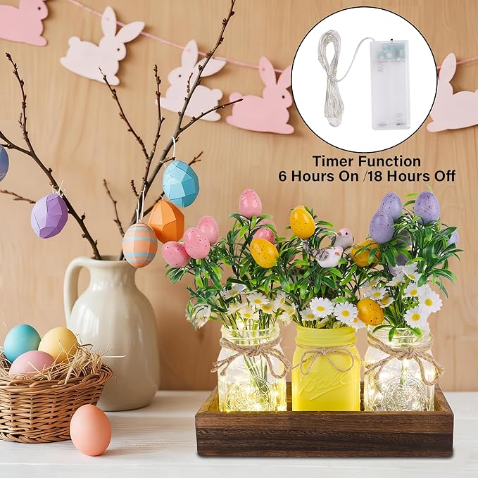 DR.DUDU Easter Decorations for Home, Easter Table Centerpiece with Egg Picks in Glass Vases, Wood Tray & Led Lights with Timer, Spring Decor for Home, Set of 3