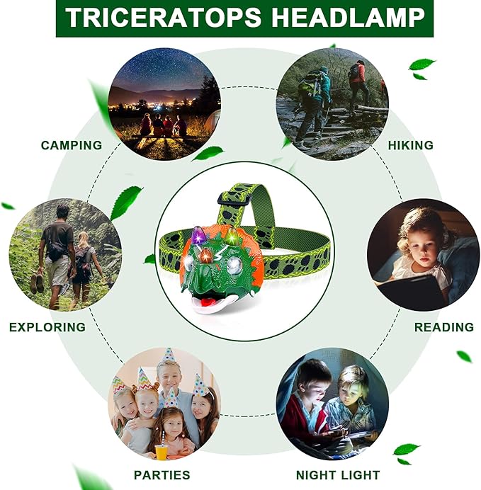 Triceratops LED Headlamp - Dinosaur Headlamp for Kids Camping Gear Essentials | Dinosaur Toy Head Lamp Flashlight for Boys Girls or Adults | Ideal Gift for Birthday, Halloween, Christmas, New Year