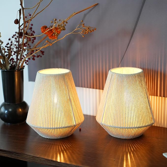 JHY DESIGN Set of 2 Woven Lampshade Table Lamps 8" H Cotton Rope Bedside Light‌s Cordless Decorative Battery Operated Lamps with 6 Hours Timer for Bedroom Living Room Home Parties Patio Events