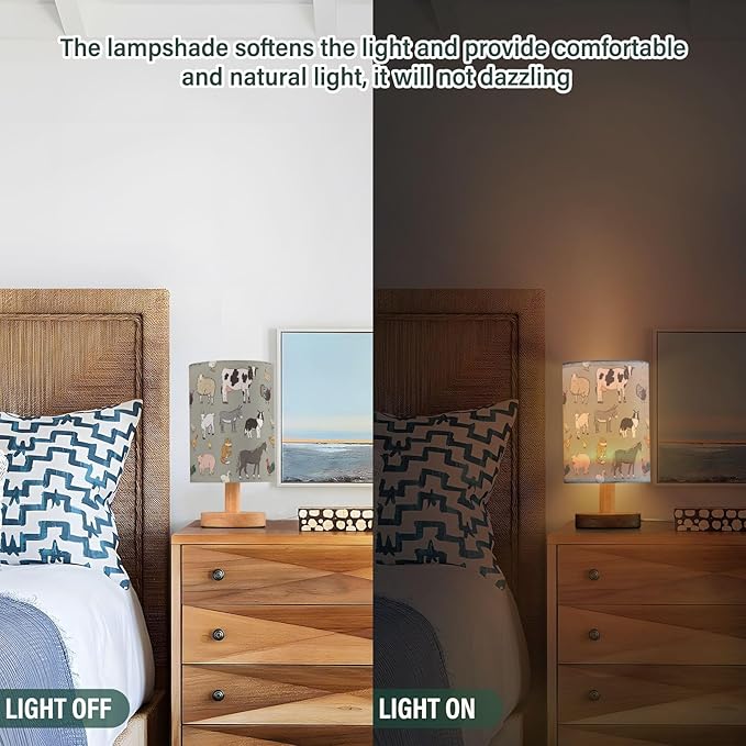 Bedside Table Lamp Farm Animals Nightstand Lamp with Wood Cows Sheep Pig Fox Chicken Duck Dog Rabbit Desk Lamps for Bedroom Living Room Nursery Office Home Decor