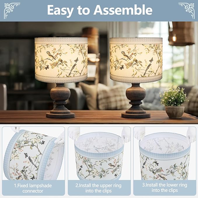 Fabric Linen Lamp Shade, Floral and Bird Pattern Lampshade, Blue Lamp Shades for Floor Lamps fit with Spider/Uno, 13x13x10inch Drum Lampshades for Table Lamp/Pendant (1Pack/Easy Assemble)