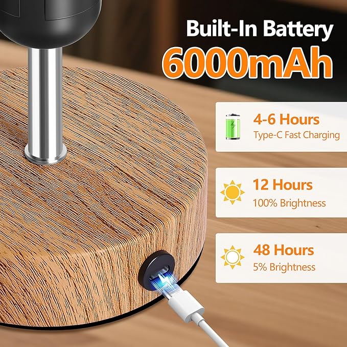 TOBUSA Cordless Table Lamp, Rechargeable 6000mAh Battery Operated Bedside Lamp, Portable Touch LED Desk Lamp Dimmable, Wireless Lamp with Wood-Grain Base, Modern Night Light for Bedroom, Bulb Included