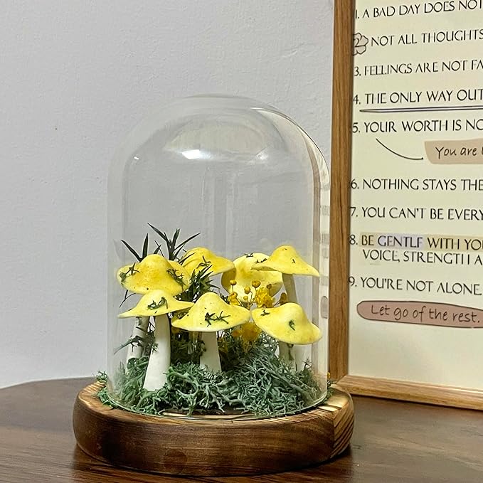 Mushroom Lamp, Decor LED Light in Glass Dome with Base for Home Bedroom Decor Birthday with Birthday Valentines Anniversaries Gifts Box (Yellow)