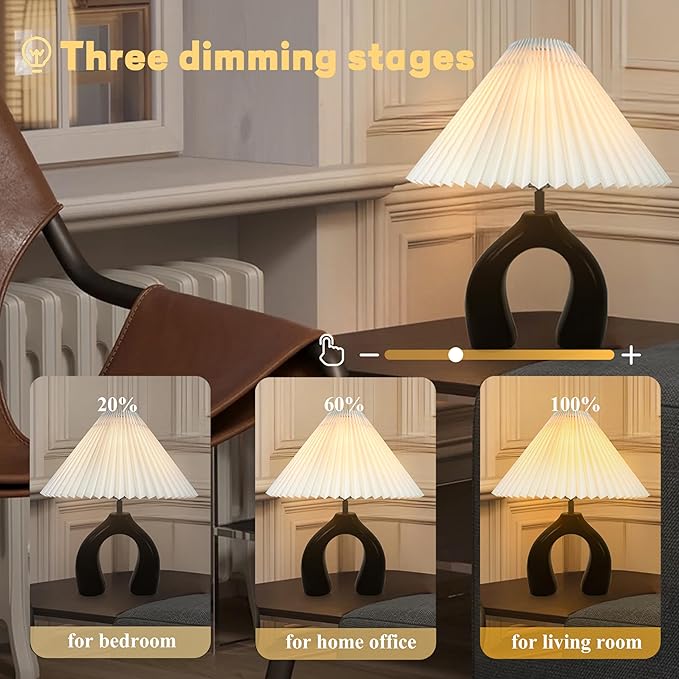 JuGuo 17.2" Ceramic Bedside Lamp - 3 Way Dimmable with USB Port & 4W Bulb - Touch Control Base and Pleated Lampshade - Ideal for Bedroom, Home Office and Living Room Decor.