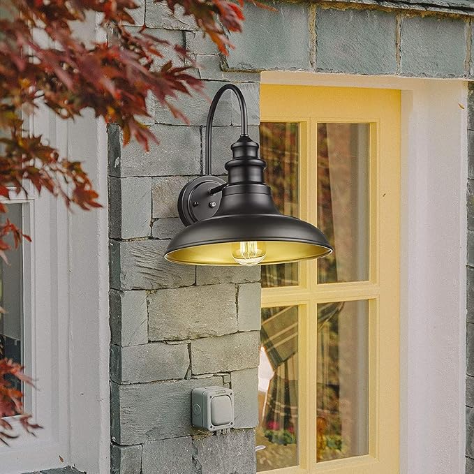 Dusk to Dawn Sensor Outdoor Barn Light Fixture, 12.3 Inch Dome Outdoor Wall Sconce Farmhouse Wall Mount Lights Exterior Gooseneck Light Fixture Black Finish Industrial Wall Lantern for Porch, 1Pack
