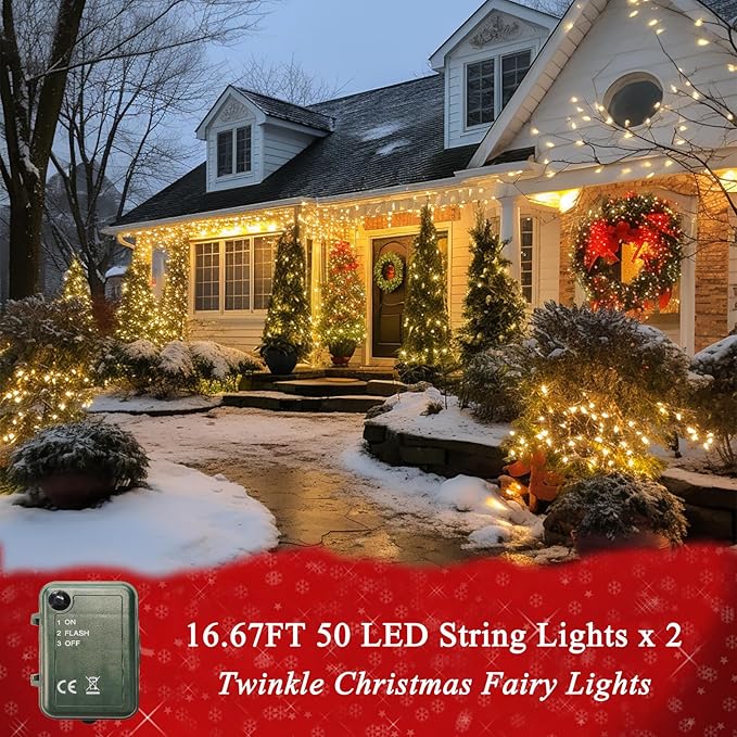 Cool White String Lights Battery Powered, 2 Pack Total 33 FT 100 LED Christmas String Lights for Indoor Outdoor Decoration, Twinkle Fairy Light for Classroom Dorm Bedroom Decoration