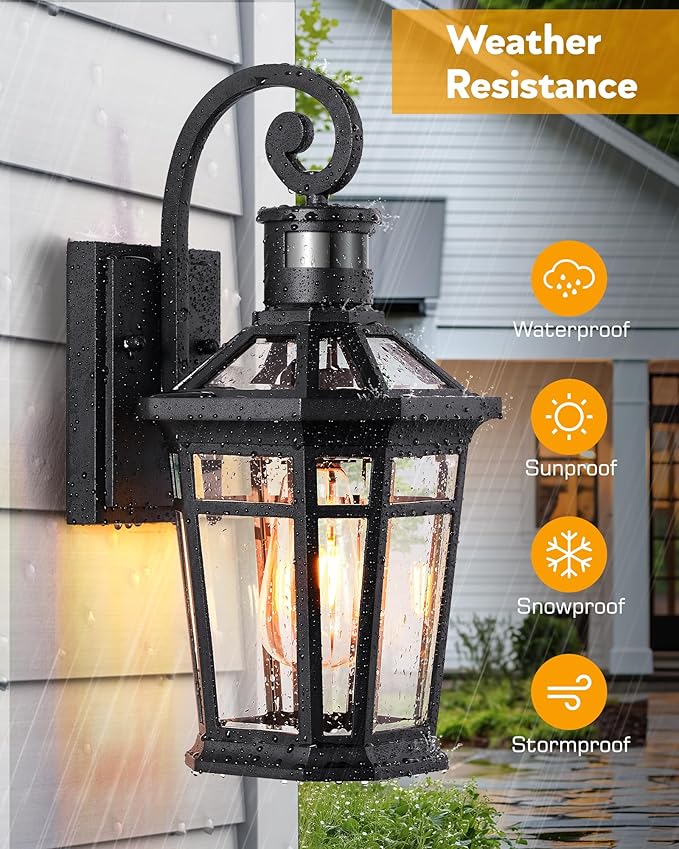 2 Packs Outdoor Lighting with Motion Sensor, Modern Dawn to Dusk Porch Light Fixture Wall Mount, Exterior Wall Lantern Sconce with Matte Black Finish, Waterproof Coach Lights for Garage, Patio