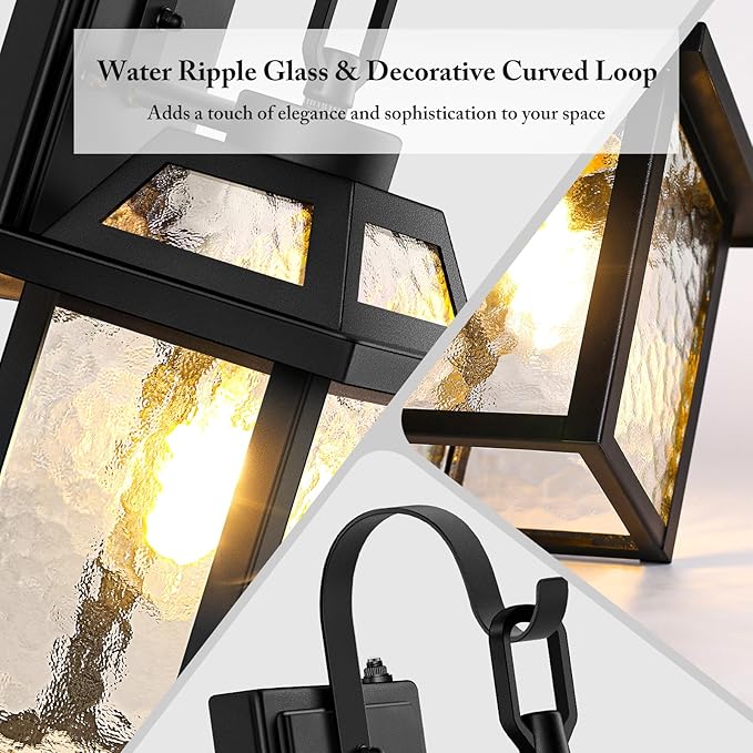 BesLowe Dusk to Dawn Outdoor Wall Lights, Exterior Lighting Fixtures Wall Mount, Porch Lights Outdoor Wall Sconces with Water Ripple Glass, Outside Lights for House Front Door Garage, 2-Pack