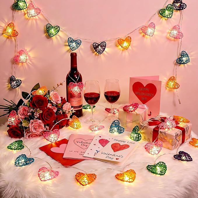 Heart String Lights for Wedding Birthday Party - 3D Hollowed Rattan 9.8ft 20 LED Candy Color Love Lights, Battery Powered, Multi-Color