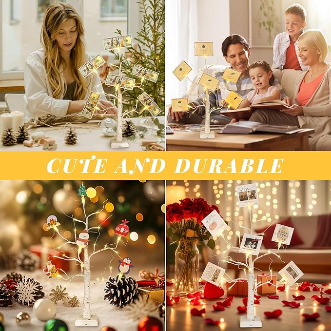 Woohaha 2FT Money Tree Gift Holder,24LED Lighted Birch Tree Table Centerpiece,Gift Card Tree Battery/USB Powered with 6 Clips and 6 Greeting Cards for Easter Decor,Party,Wedding,Birthday,Graduation