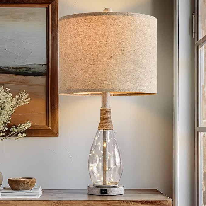 OYEARS 23" USB A+C Table Lamp for Bedroom Living Room Modern Bedside Lamps Retro Farmhouse Rattan Glass Nightstand Nightlight Lamps (White),Two Light Points