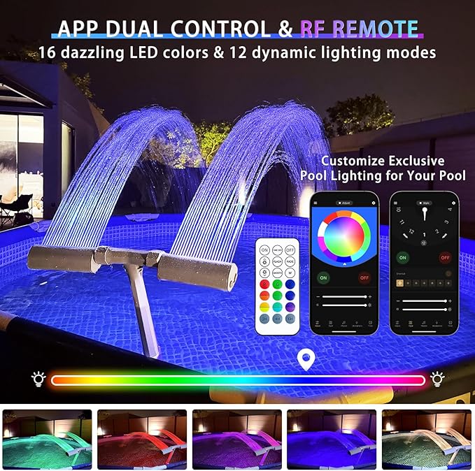 Pool Fountain for In-ground Pool and Above Ground Pools, Dual Spray Adjustable Pool Sprinkler Waterfall with 16-Colors LED Lights and 10 Modes for Outdoor Yard Decoration, RF Remote and App Control