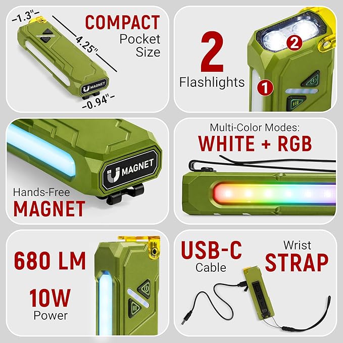 Rechargeable EDC Flashlight, 680 Lumens Waterproof Portable LED Flashlight with RGB Light, 10W USB-C Charging, Aluminum Alloy Magnetic Keychain Flashlight for Outdoor and Camping (Green)