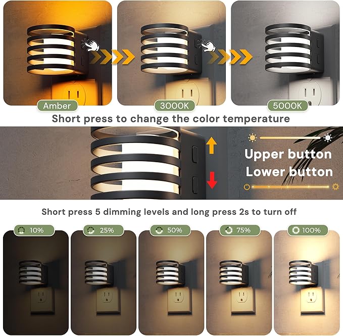 L LOHAS LED Night Light, 2 Pack 3CCT Night Lights Plug into Wall, Amber/3000K/5000K Adjustable Color Temperature Night-Lights, Dimmable Nightlight with Dusk to Dawn Sensor for Bedroom Hallway Bathroom