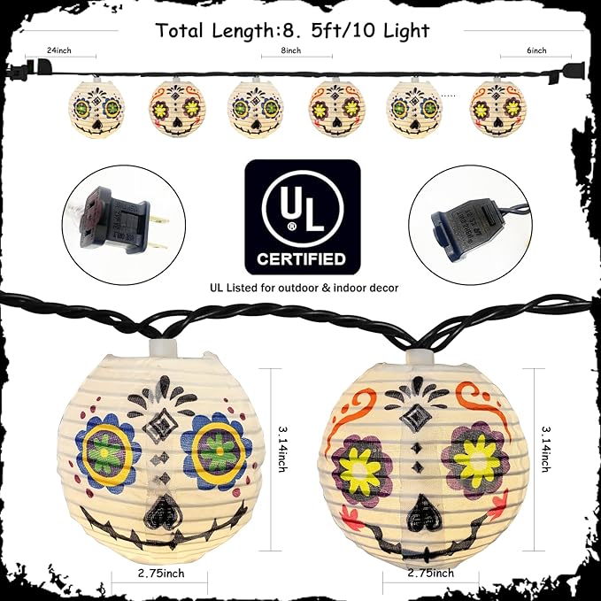 Halloween Jack Skellington Ghost Lights, 8.5FT Connectable String Lights with 10 LED Nylon Lanterns, Indoor Outdoor Halloween Decorations for Bedroom, Party, Fireplace, Yard