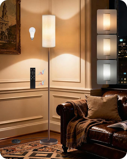 Dimmable Floor Lamps for Living Room with Remote and Foot Switch, 64.4” Modern Standing Tall Lamp, Corner Lamp for Bedroom, Bulb Included, 3000K-6500K, Beige and Brown, FCC Listed VE06LD05W1