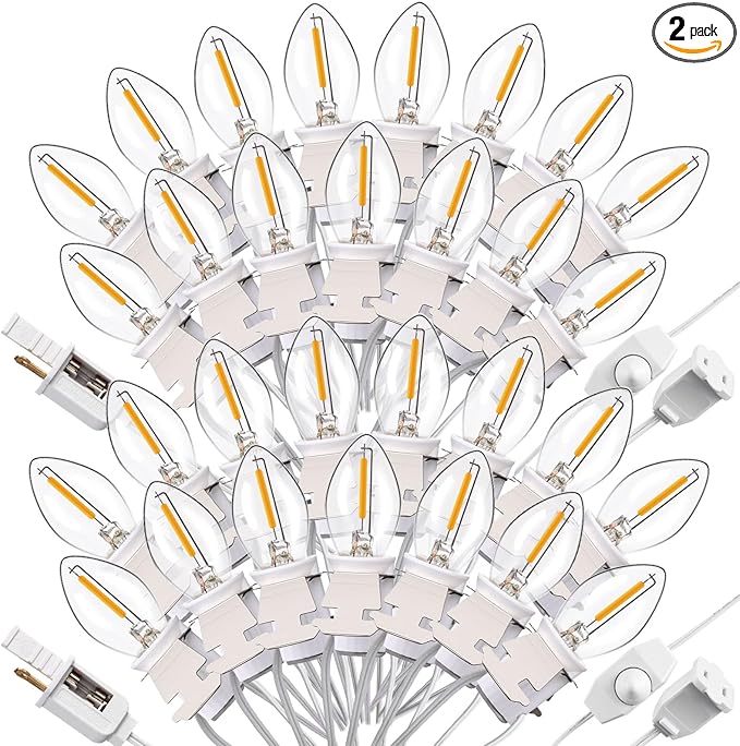 Leelosp 2 Pack Accessory Cord with 15 C7 LED Light Bulb, Christmas Village Houses Light Cord E12 Socket Blow Mold Warm White Bulb with Switch for Christmas Village Trees Crafts Holiday (28 ft)