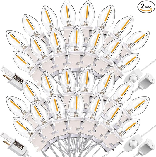 Leelosp 2 Pack Accessory Cord with 15 C7 LED Light Bulb, Christmas Village Houses Light Cord E12 Socket Blow Mold Warm White Bulb with Switch for Christmas Village Trees Crafts Holiday (28 ft)