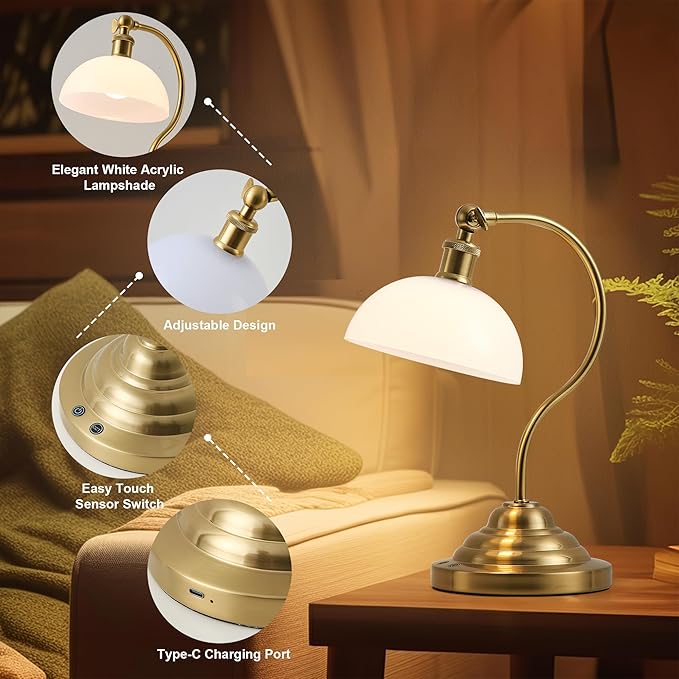 Cordless LED Table Lamp, Battery Operated Desk Lamps with Swing Arm & Plastic Shade, Vintage Small Rechargeable Dimmable Light for Bedroom, Living Room, Nightstand, Brass/White