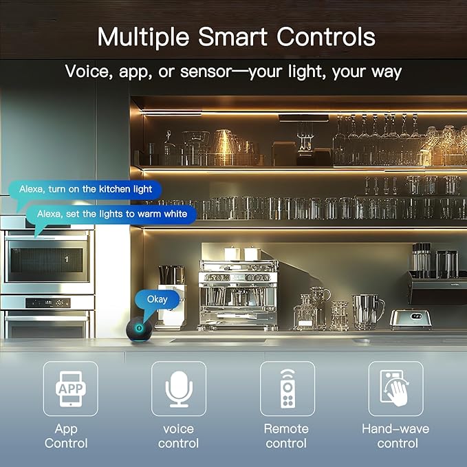 Plug in Under Cabinet Lighting, 6 Pack 12 Inch Ultra-Slim LED Light Bars, Smart App/Voice/Remote Control, Works with Alexa, Dimmable & CCT Adjustable, 5W/Bar, for Kitchen, Closet, Counter