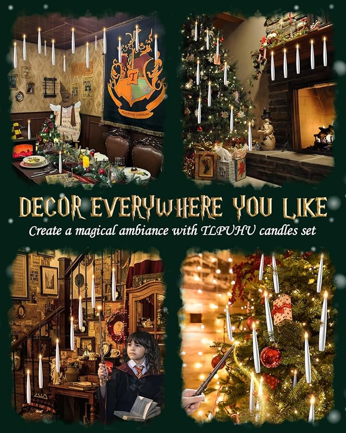 Floating Candles with Wand 20PCs -Christmas Magic Hanging Flameless Candles Taper Candles with Remote for Halloween Window Home Bedroom Birthday Party Decorations