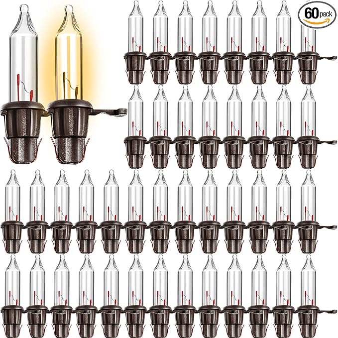 Mudder 60 Count Christmas Replacement Mini Light Bulbs with Base Christmas Tree Incandescent Wire String Lights Replacement Bulbs for Xmas Indoor Outdoor Decoration(Brown Base Warm White,3.5vx0.12a)